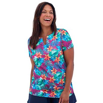 Swim 365 Women's Plus Size Split-Neck Short Sleeve Swim Tee With Built-In Bra