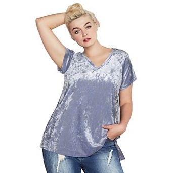 ellos Plus Size Stretch Crushed Velour V-Neck Short Sleeve Tee