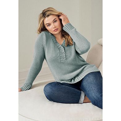 ellos Plus Size Button Y-Neck Sweater