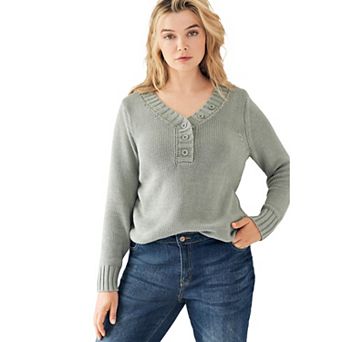 ellos Plus Size Button Y-Neck Sweater
