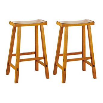 Wooden 29" Counter Height Stool With Saddle Seat, Oak Brown, Set Of 2