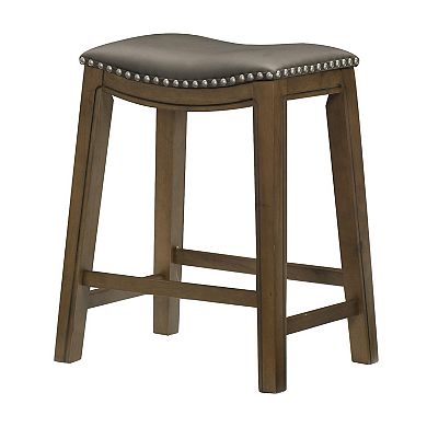 Miel 26 Inch Counter Height Stool, Gray Faux Leather Seat, Brown Solid Wood