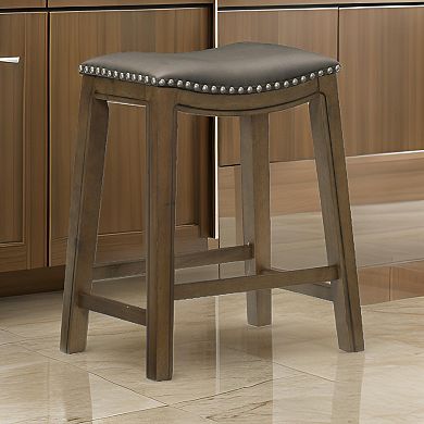 Miel 26 Inch Counter Height Stool, Gray Faux Leather Seat, Brown Solid Wood