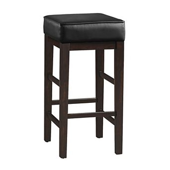 Vin 31 Inch Bar Height Stool, Black Faux Leather Seat, Dark Brown, Set Of 2