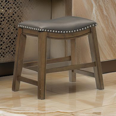 Miel 20 Inch Dining Stool, Gray Faux Leather, Brown Solid Wood, Nailheads