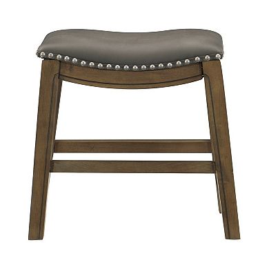 Miel 20 Inch Dining Stool, Gray Faux Leather, Brown Solid Wood, Nailheads