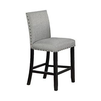 Sie 24 Inch Counter Height Chair, Nailhead Trim, Gray Fabric, Black Wood