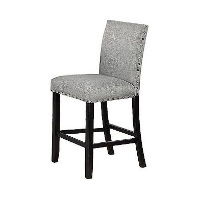 Sie 24 Inch Counter Height Chairs, Set of 2, Nailhead Trim, Gray Fabric, Black Wood