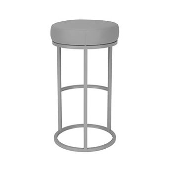 Tane 30 Inch Barstool, Round Gray Faux Leather Padded Seat, Gray Metal Base