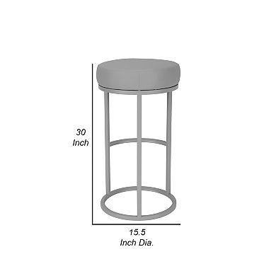 Tane 30 Inch Barstool, Round Gray Faux Leather Padded Seat, Gray Metal Base