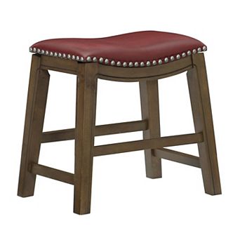 Miel 20 Inch Dining Stool, Red Faux Leather, Brown Solid Wood, Nailheads