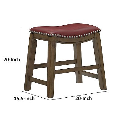 Miel 20 Inch Dining Stool, Red Faux Leather, Brown Solid Wood, Nailheads