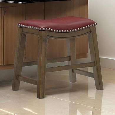 Miel 20 Inch Dining Stool, Red Faux Leather, Brown Solid Wood, Nailheads