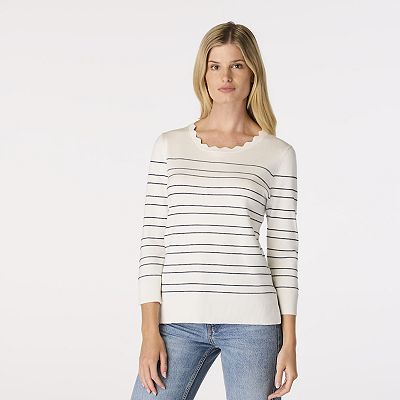 Women s Cable Gauge 3 4 Sleeve Textured Stripe Pullover Sweater