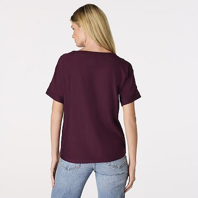 Women's Cable & Gauge Button Shoulder Short Sleeve Sweater