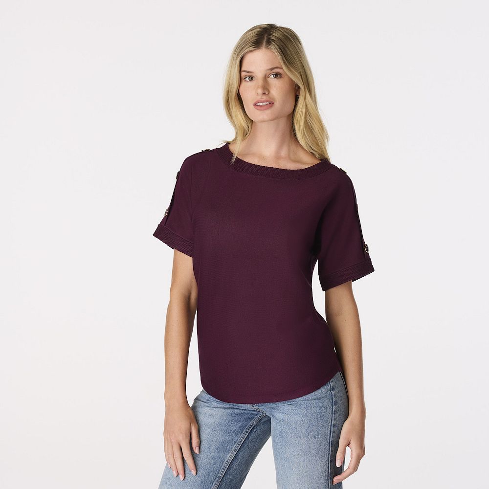 Women's Cable & Gauge Button Shoulder Short Sleeve Sweater