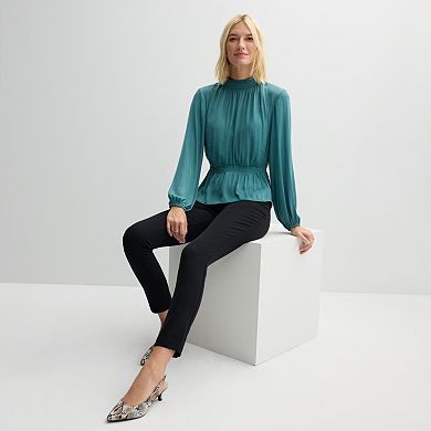 Petite Nine West Long Sleeve Smocked Blouse