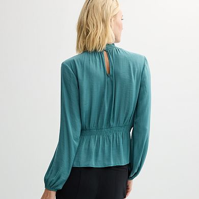 Petite Nine West Long Sleeve Smocked Blouse