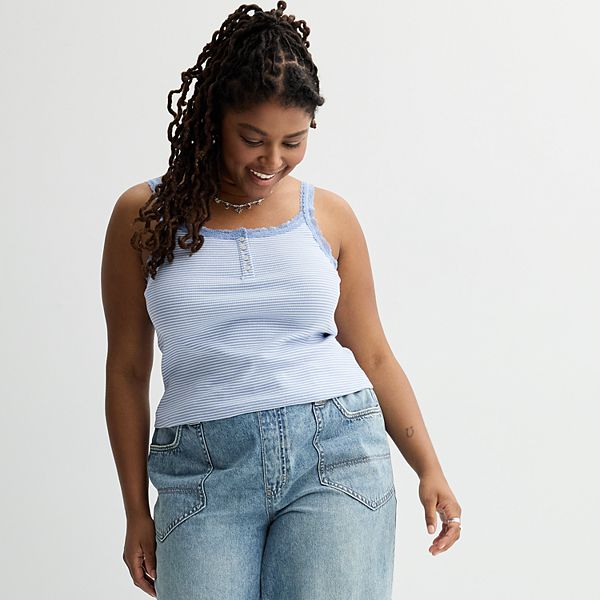 Juniors' Plus Size SO® Lace Trim Rib Henley Cami - Light Blue Stripe (1X)
