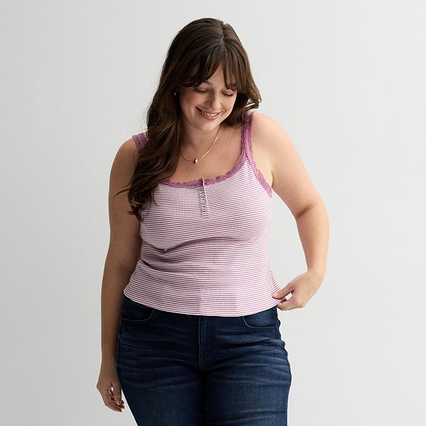 Juniors' Plus Size SO® Lace Trim Rib Henley Cami - Pink Stripe (1X)