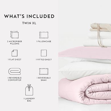 College Bundle, Reversible Comforter Set, Patterned Sheet Set, Pillows And Laundry Bag (Twin XL)