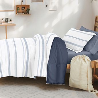 Campus Dorm Bundle, Patterned Comforter Set, Solid Sheet Set, Pillows And Laundry Bag (TWIN XL)