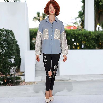Women's Contrast Leopard Button Down Denim Boyfriend Jacket With Two Pockets