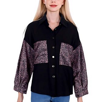 Women's Contrast Leopard Button Down Denim Boyfriend Jacket With Two Pockets