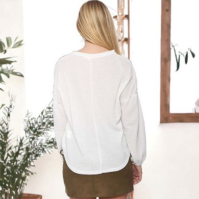 Women's Casual Waffle Crew Neck Sleeve Sweater