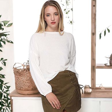 Women's Casual Waffle Crew Neck Sleeve Sweater