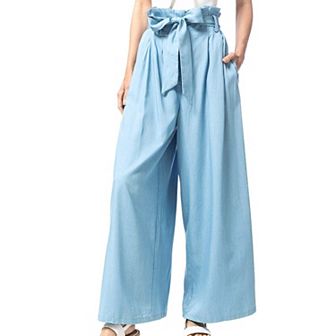 Women's Chambray Tie Wide-leg Palazzo Jeans