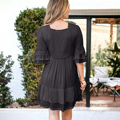 Women's Boho Peasant Floral Lace Ruffle Hem Bell Sleeve Mini Dress