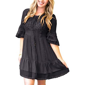 Women's Boho Peasant Floral Lace Ruffle Hem Bell Sleeve Mini Dress