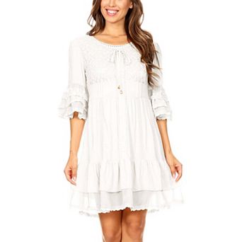 Women's Boho Peasant Floral Lace Ruffle Hem Bell Sleeve Mini Dress