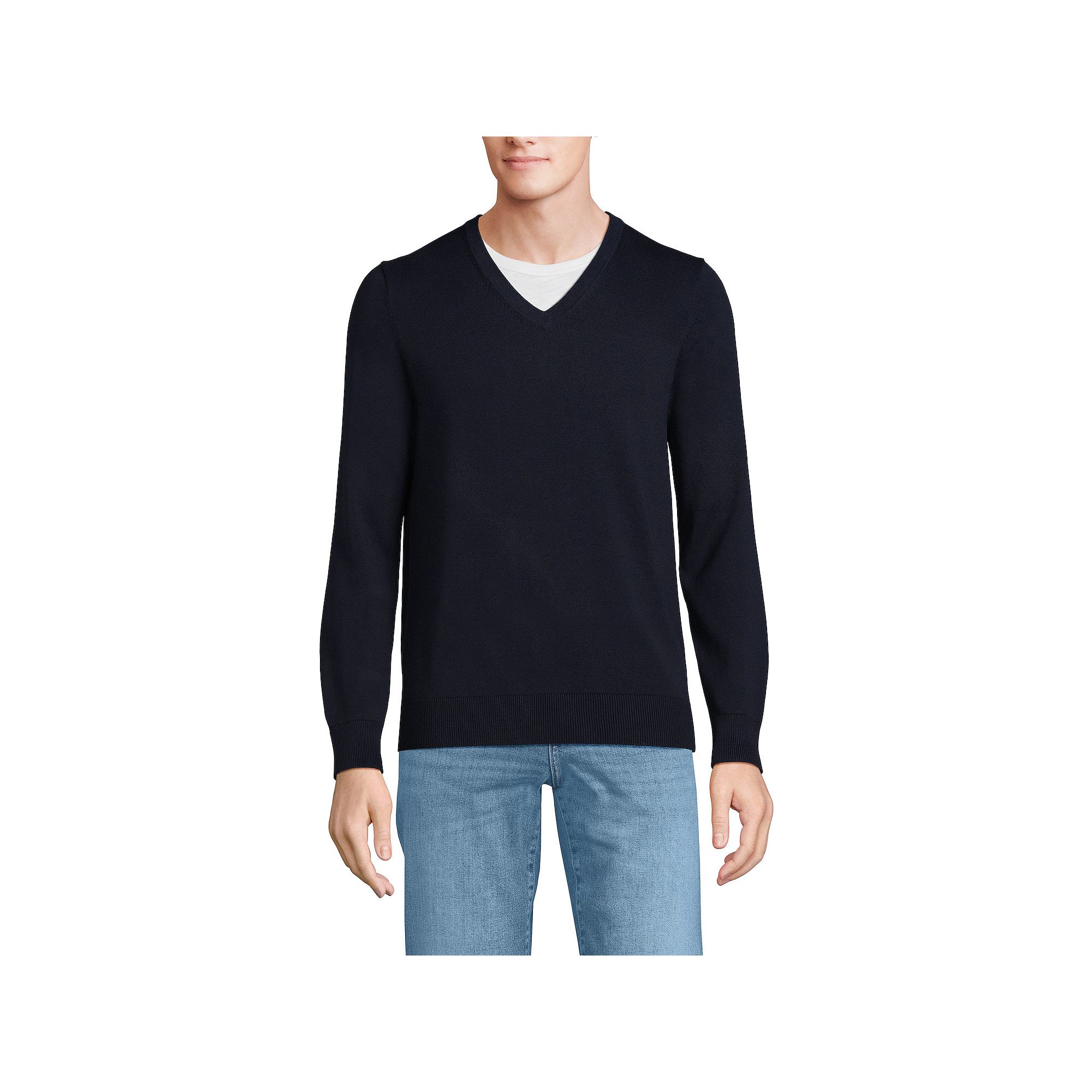 Mens Lands End Fine Gauge Cotton V-Neck Sweater, Size: Small, Radiant Blu