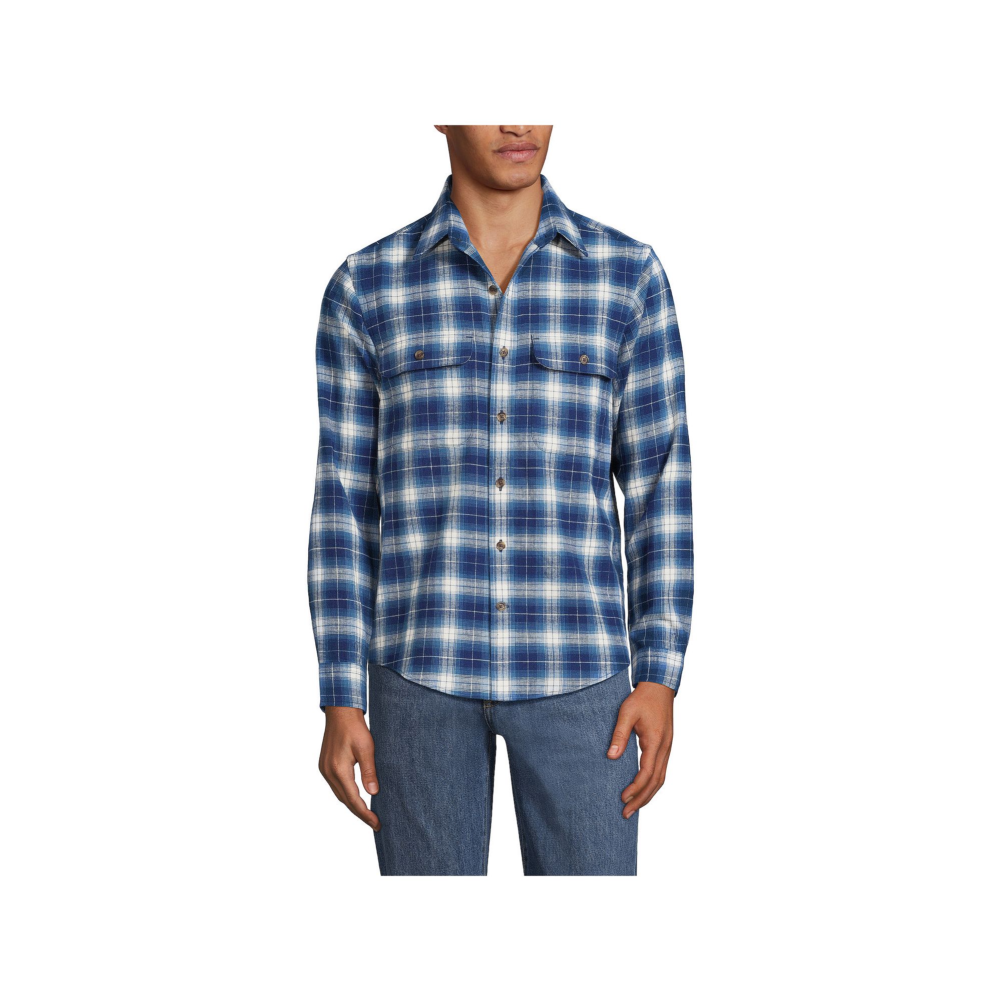 Mens Lands End Woven Waffle Work Shirt, Size: Large, Blue Navy Plaid
