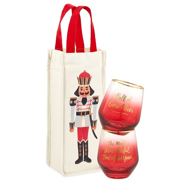 Hallmark Nutcracker Bottle Bag & Stemless Wine Glasses Holiday Gift Bundle  3-piece Set