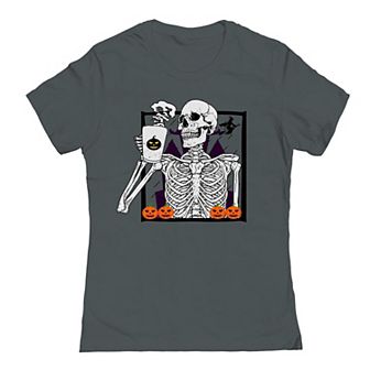 Junior's Skeleton Drinking Coffee Halloween Graphic Tee