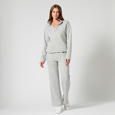 Womens Grey & Gray French Terry Split Neck Top