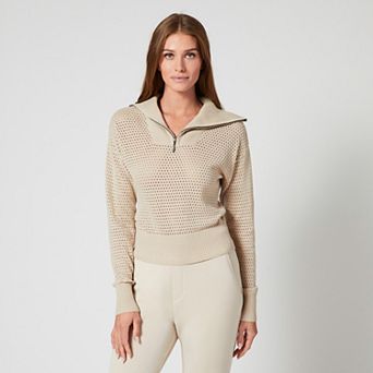 Womens Grey & Gray Zip Neck Mesh Stitch Sweater