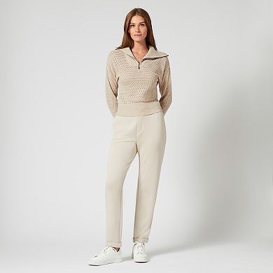 Womens Grey & Gray Zip Neck Mesh Stitch Sweater