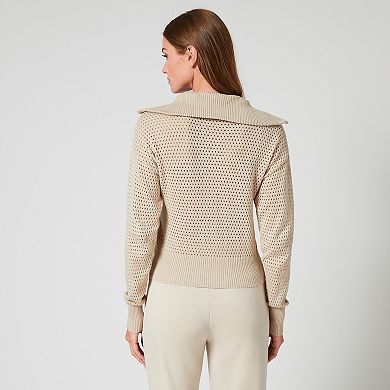 Womens Grey & Gray Zip Neck Mesh Stitch Sweater
