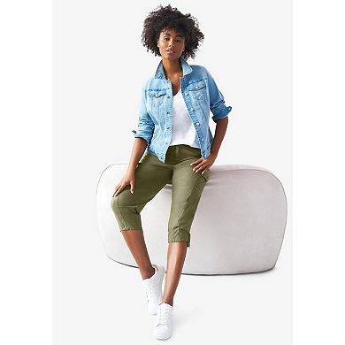 Ellos Plus Size Mid-Rise Stretch Cotton Cargo Capris