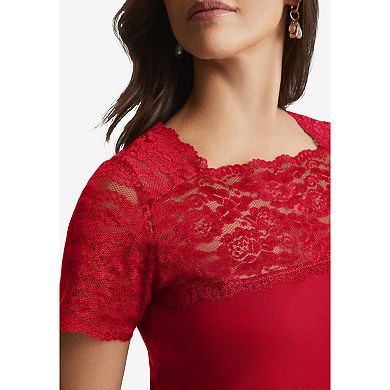 Jessica London Women's Plus Size Stretch Lace Neckline Top