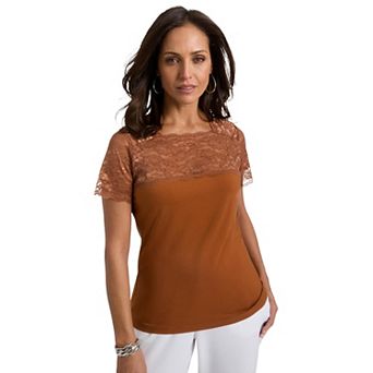 Jessica London Women's Plus Size Stretch Lace Neckline Top