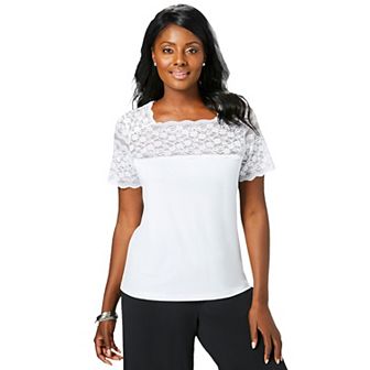 Jessica London Women's Plus Size Stretch Lace Neckline Top