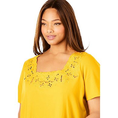 Jessica London Women's Plus Size Stretch Cotton Eyelet Cutout Tee