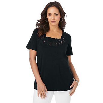 Jessica London Women's Plus Size Stretch Cotton Eyelet Cutout Tee