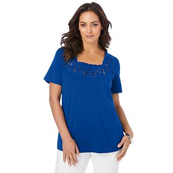 Jessica London Women's Plus Size Stretch Cotton Eyelet Cutout Tee