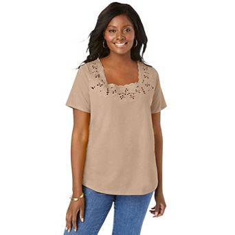 Jessica London Women's Plus Size Stretch Cotton Eyelet Cutout Tee
